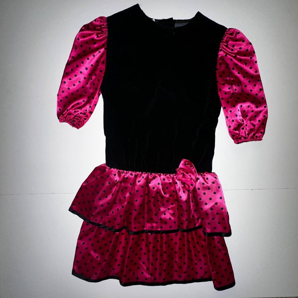 VINTAGE 1980s Fashionland Originals Girls 10 Magenta Polka Dot Black Party Dress